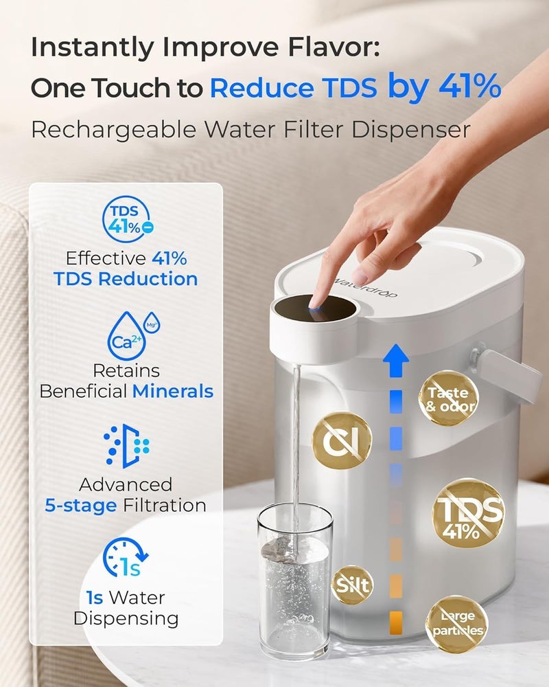 Waterdrop TDS Reduction Rechargeable Water Filter Dispenser, Retain Key Minerals, Instantly Improve Flavor, 15-Cup 5-Stage Portable Countertop Water Filtration System with 1 Filter, White - Image 2